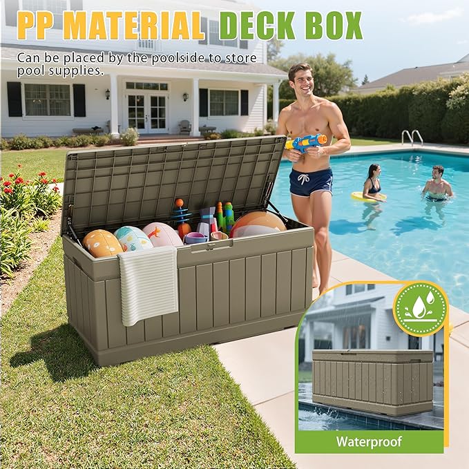 Greesum Outdoor Storage Box 82 Gallon Storage Bin with Lid for Patio Furniture, Garden Tools, Pool Supplies, Waterproof and UV Resistant, Lockable, Coffee