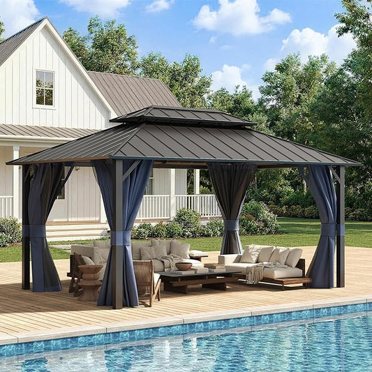 UDPATIO 12'x16' Permanent Hardtop Gazebo with Galvanized Steel Double Roof for Patio Backyard Garden, Curtains and Netting Included, Navy Bue