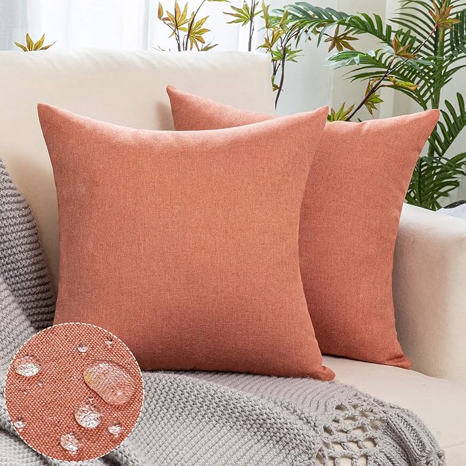 Outdoor Waterproof Throw Pillow Covers Coral Red 20x20 Set of 2 | Decorative Farmhouse Linen Pillowcases Solid Cushion Cases for Patio Tent Balcony Couch Sofa Living Room