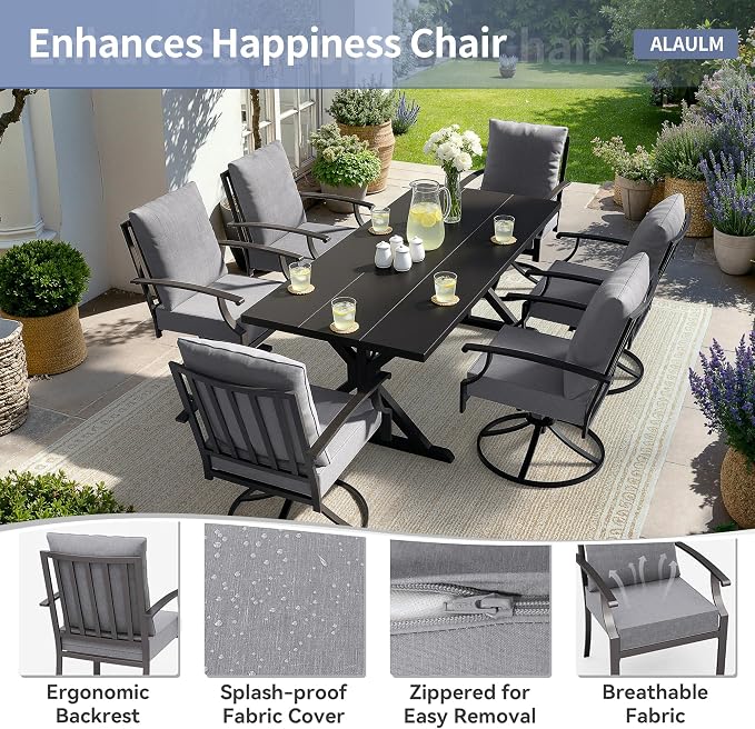 ALAULM 7-Piece Patio Dining Set,Outdoor Metal Dining Set with 6 Swivel Chairs & Rectangle Table with 1.5 Umbrella Hole, Patio Dining Table and Chairs for Backyard, Grey