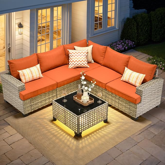 6 Pcs Outdoor Sectional Patio Furniture Set - All Weather Wicker Modular L Shaped Outside Sectional Sofa Couch,Patio Seating Outdoor Conversation Sets for Deck Yard Garden,Orange Red