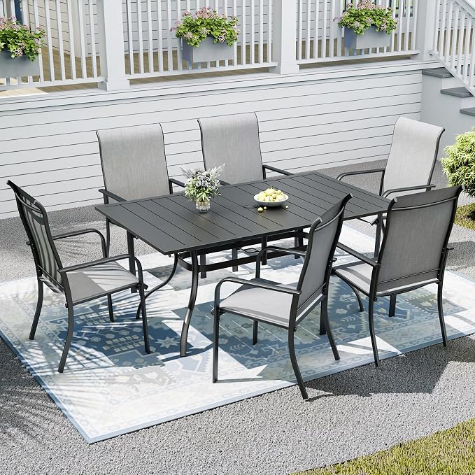 7pcs Patio Furniture Set, Outdoor Dining Table and Chairs Set | 63" Rectangle Metal Patio Table, Textilene Dining Chairs, Double-sized Umbrella Hole, Perfect for Garden Backyard Poolside