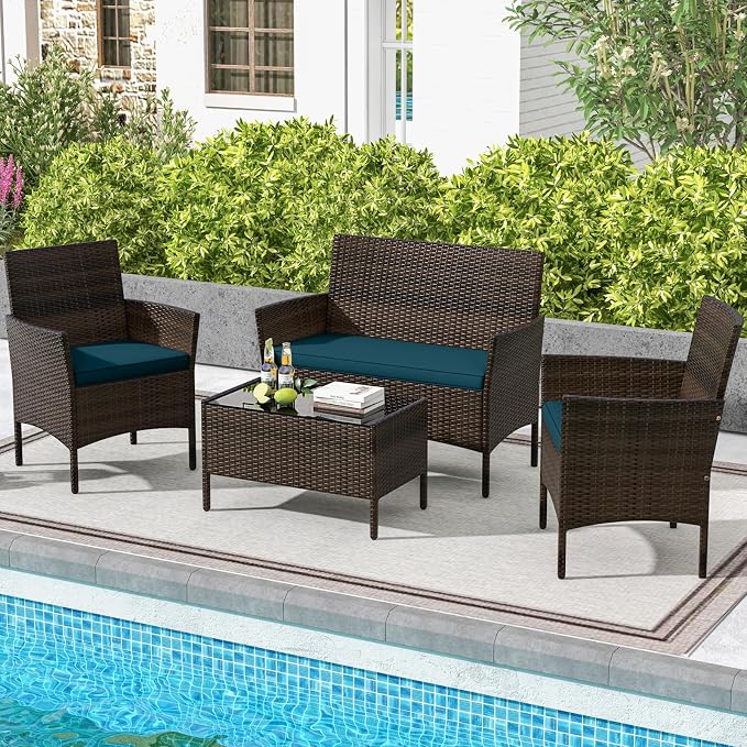 4 Piece Patio Furniture Set, Sectional Conversation Sofa Set with Glass Coffee Table, Cushions & Loveseat, Wicker Outdoor Table and Chairs for Pool, Garden, Deck, Backyard (1, Peacock Blue)