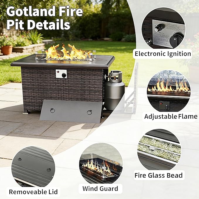 Gotland 7 Pieces Patio Furniture Set with 55000BTU Fire Pit Table, Wicker Patio Set with Wide Armrests 29.5'' High Backrest Thick Cushions 1 Coffee Table, Outdoor Furniture for Porch Deck Khaki