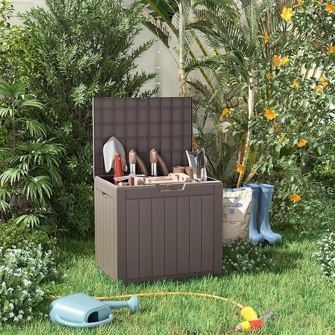 DRATO 35 Gallon Deck Boxes Resin Outdoor Storage Box UV Resistant Outside Deck Box with Lockable Lid for Patio Furniture (Grey, 35 Gallon)