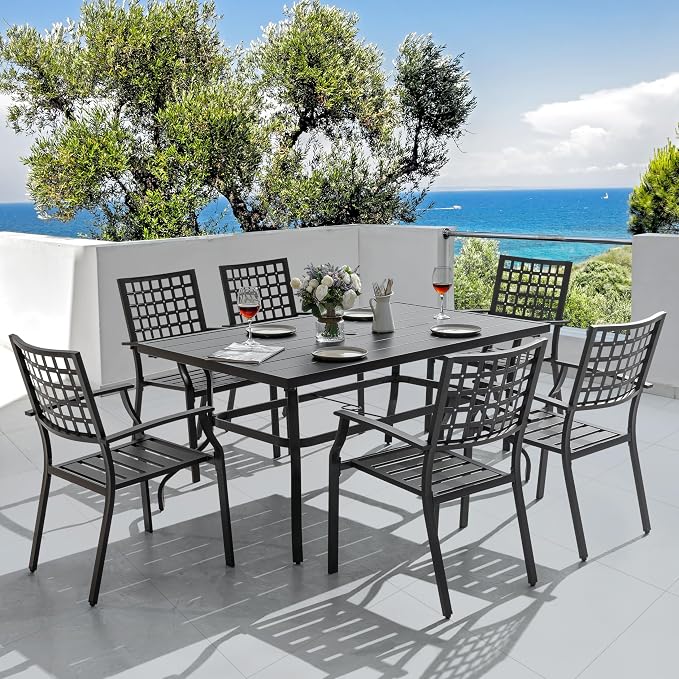 NUU GARDEN Outdoor Patio Dining Set, Black Powder-Coated Finish, 6 Dining Chairs and 61'' x 37'' Rectangle Dining Table with 1.57'' Umbrella Hole, Iron Frame, for Outdoor and Indoor Space