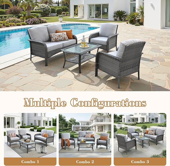 4 Pieces Patio Furniture Set, Small Outdoor Patio Set with Coffee Table, All-Weather Rattan Wicker High Back Conversation Set Loveseat with Chairs for Porch, Backyard, Balcony, Grey