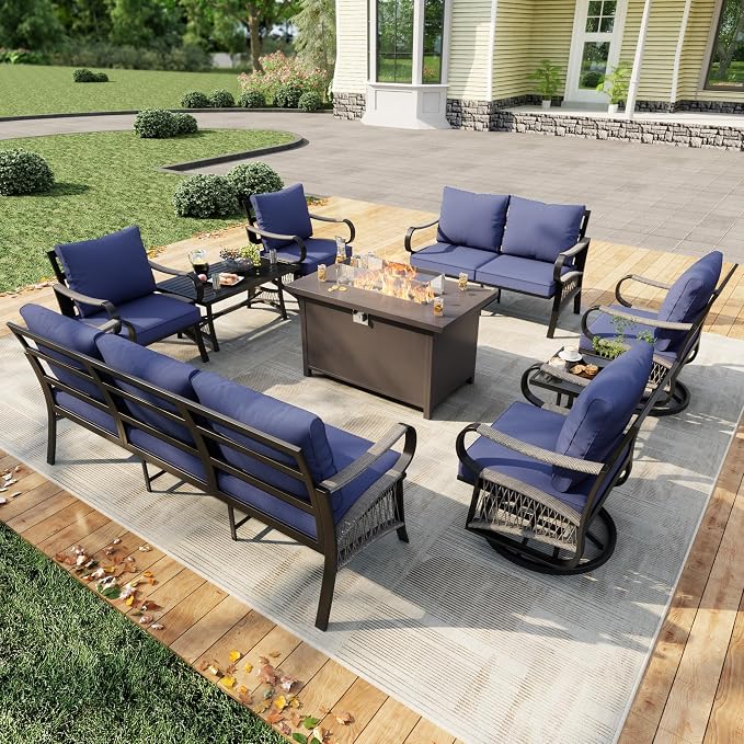 9 Pieces Modern Patio Furniture Set, All Weather Metal Outdoor Conversation Sets with Fire Pit Table for Backyard Garden Deck Porch Poolside, Blue