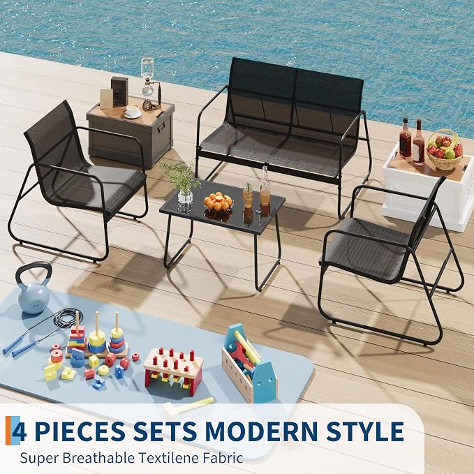 4 Piece Patio Conversation Set Textilene, Outdoor Conversation Set with Single Chairs and Glass Top Coffee Table, One Love Seat, Two Single Chairs and One Table