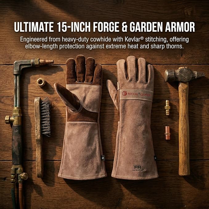Welding Gloves -Long Sleeve Fireproof and Heat Resistant 15IN. | Cowhide Leather Gloves for Gardening,BBQ,Oven,Grill,Tig,Mig,Baking,Furnace,Stove,Animal Handling Best Gift for Man