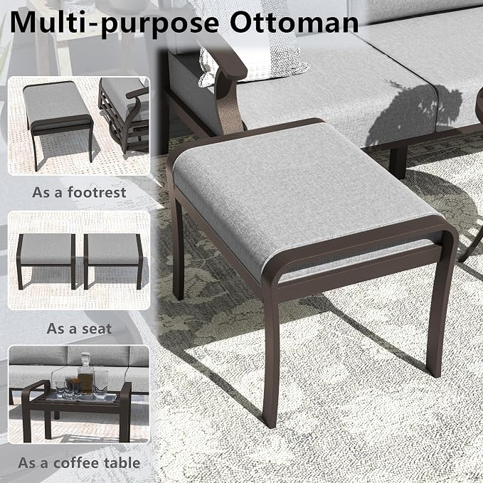 ALAULM Aluminum Patio Furniture Set with Swivel Chairs 7-seat Metal Outdoor Furniture Patio Sectional Sofas w/2 Ottomans for Porch, Backyard, Poolside-Grey
