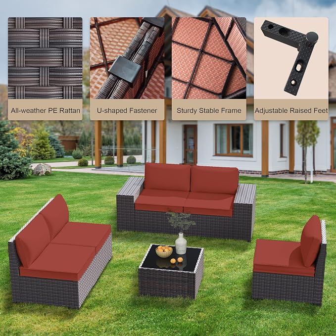7 Pieces Outdoor Patio Furniture Set Wicker Sectional Sofa with Cushions & Tea Table Patio Rattan Conversation Chair Sofa Set Red…