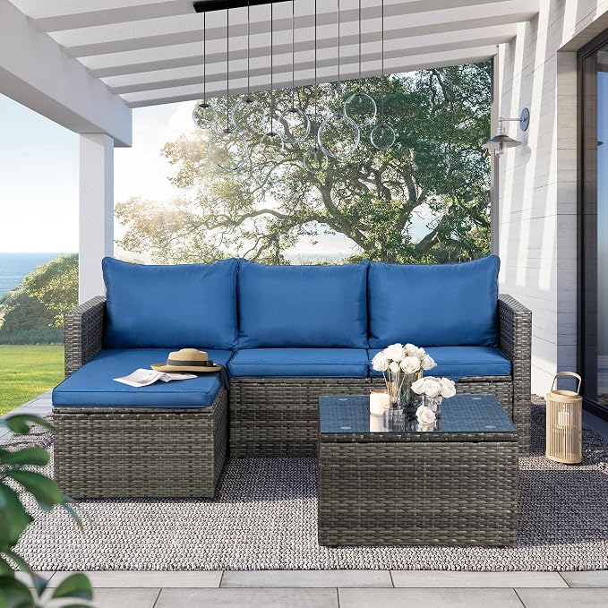 SUNLEI 3-Piece Patio Sectional Sofa, Patio Furniture Set with Detachable Soft Cushions, Outdoor PE Rattan Patio Conversation Sofa Set with Glass Coffee Table & Ottoman, Silver Rattan/Blue