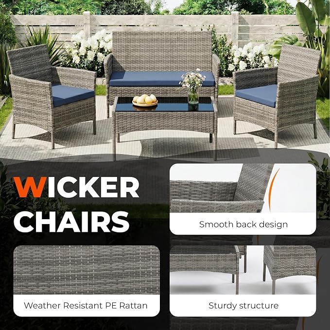 4 Pieces Outdoor Patio Furniture Set, Wicker Patio Conversation Set with Tea Table, All-Weather Outside Rattan Sectional Sofa for Backyard, Poolside, Garden, Balcony, Gray/Navy