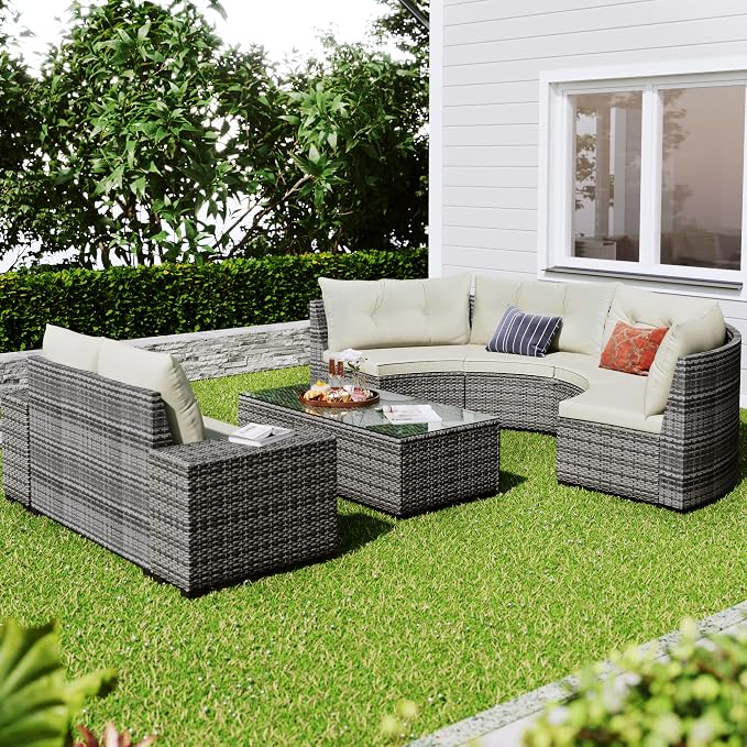 8-pieces Outdoor Patio Half-Moon Sectional Sofa Sets With Rectangular Coffee Table, All Weather PE Rattan Wicker Curved Sofa Set, Water-resistant and UV Protected Conversation Sets (Beige 8-pieces)