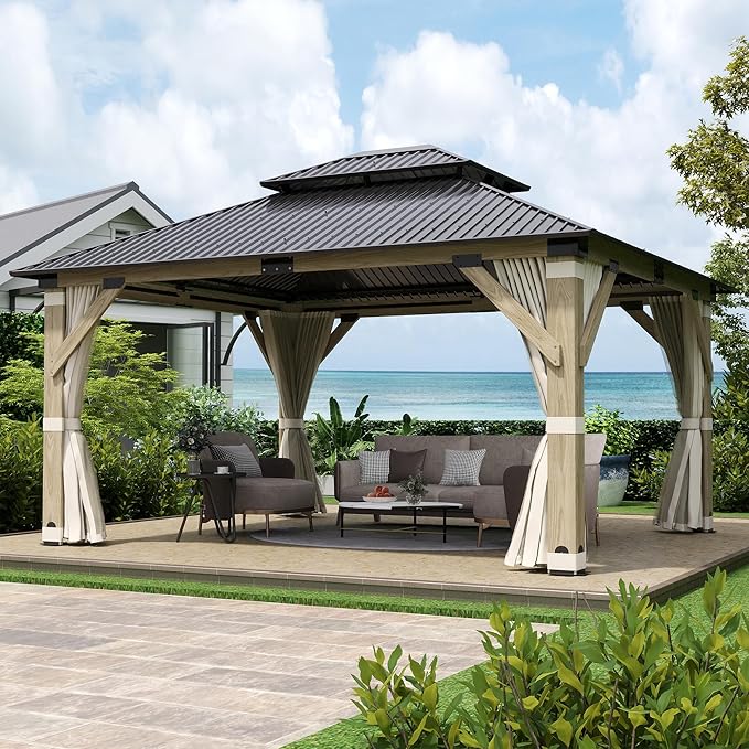 13'x15' Wood Gazebo,Outdoor Hardtop Gazebo with Galvanized Steel Double Roof, Wooden Frame Gazebos with Netting and Curtains for Patio Backyard Deck