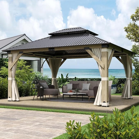 13'x15' Wood Gazebo,Outdoor Hardtop Gazebo with Galvanized Steel Double Roof, Wooden Frame Gazebos with Netting and Curtains for Patio Backyard Deck