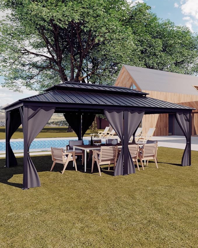 GarveeLife 12 ft x20 ft Hardtop Gazebo for All Weather, with Double Metal Roof, Aluminum Alloy Frame, Net, and Curtain, Permanent Building for Patio, Deck, Backyard, Lawn, and Garden, Gray