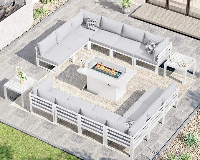 NICESOUL 15 Piece Aluminum Patio Furniture Set with Fire Pit Table & Side Tables, 500lbs Heavy Duty Outdoor Sectional Sofa, L-Shaped 29" Deep Seating Conversation Set for Backyard Garden, Light Gray