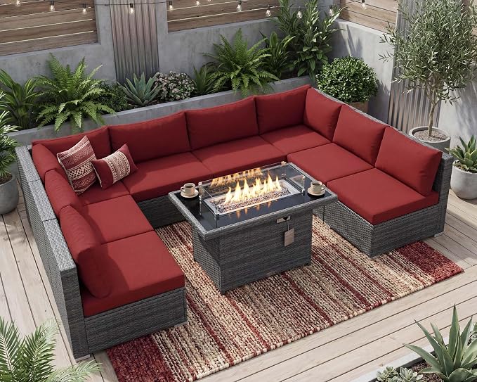 NICESOUL 9 Piece Plus Size Outdoor Patio Conversation Set with Firepit Natural Gas/Propane, 29.3'' High Back Modular Sectional Sofa Sets, Heavy Duty Backyard Furniture, 2 Color Cushion Red & Grey