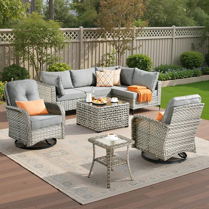 8 Pieces Patio Sectional Furniture Set, Outdoor Wicker Sectional Couch with High Back Swivel Rocker Chairs Solar Lights Table, Modern Conversation Set for Porch Balcony Backyard, Dark Gray