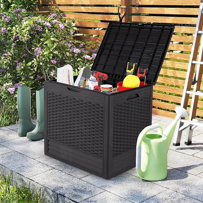 Giantex 25 Gallon Outdoor Storage Box, PP Deck Container with Rattan Patterns & Lockable Lid, All-Weather Patio Plastic Storage Bin for Package Delivery, Garden Tools, Patio Cushions (Brown)