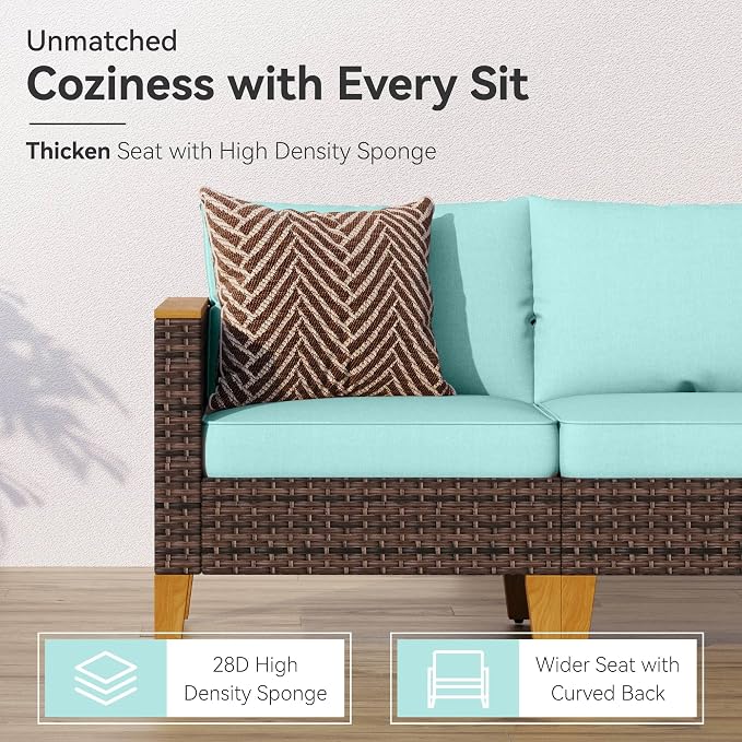GREEN PARTY 12 Pieces Wicker Patio Furniture Set, All-Weather Outdoor Rattan Patio Sectional Sofa Conversation Set with 4" Thick Cushions for Garden, Backyard, 2 x Ottomans (Blue)