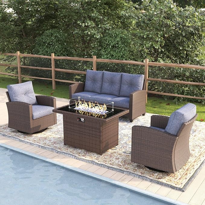 4 Pieces Patio Furniture Swivel Chairs Set with Fire Pit Table, Outdoor Wicker Glider Rocking Chairs with Sofa Set