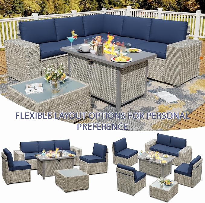 7 Piece Patio Furniture Set with 50,000 BTU Rattan Fire Pit Table that Converts to Coffee Table, 9.8" Wide Arm Sectional Sofa with Storage Armrests, Outdoor Rattan Conversation Set, Blue