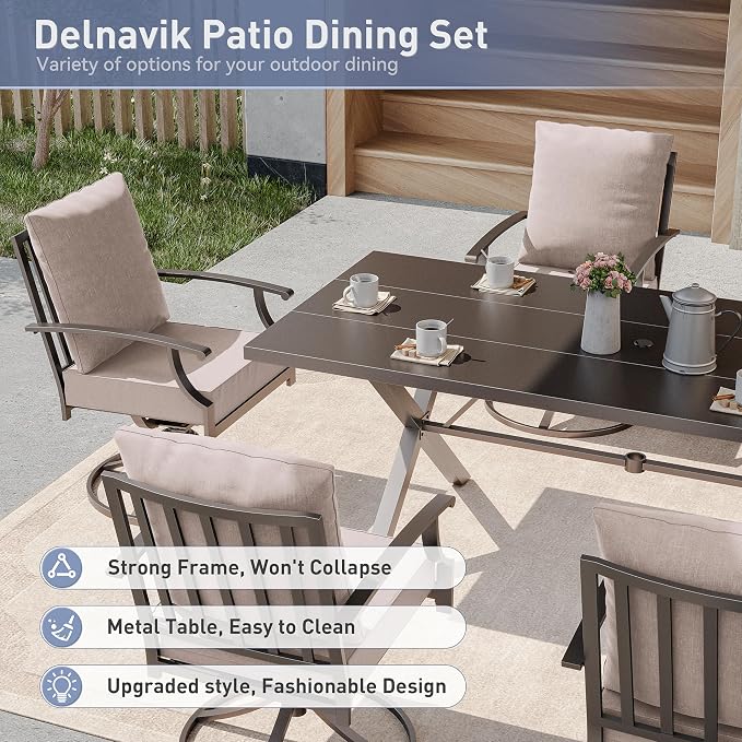 Kurapika 9 Pieces Patio Dining Set Outdoor Furniture with 8 Swivel Chairs, Metal Patio Furniture Set 8 Chairs and Large Table with Umbrella Cutout for Yard Porch Deck, Sand