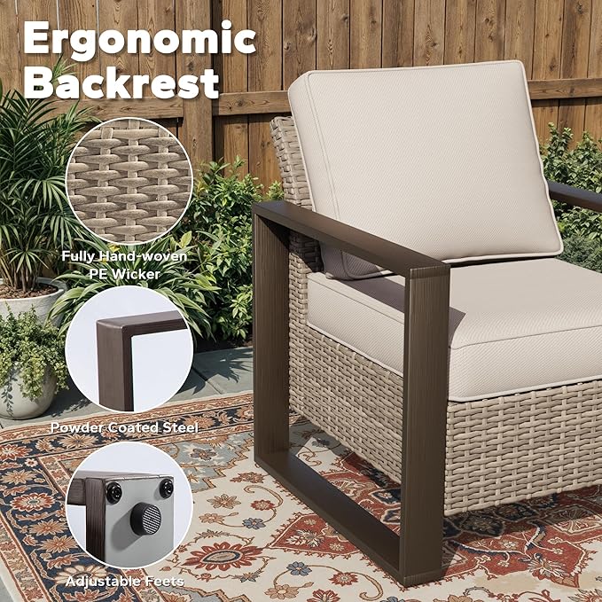 Joyside Outdoor Patio Chairs, 4 Pieces Wicker Rattan Furniture Set, 2 Patio Chairs and 2 Ottoman, Metal Wide Armrest, Thick Cushions and Deep Seating for Garden, Backyard, Porch, Deck