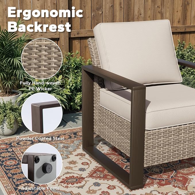 Joyside Outdoor Patio Chairs, 7 Pieces Wicker Rattan Furniture Set, 2 Patio Chairs, 2 Sofa, 2 Ottoman and 1 Table, Metal Wide Armrest, Thick Cushions and Deep Seating for Garden, Backyard, Porch