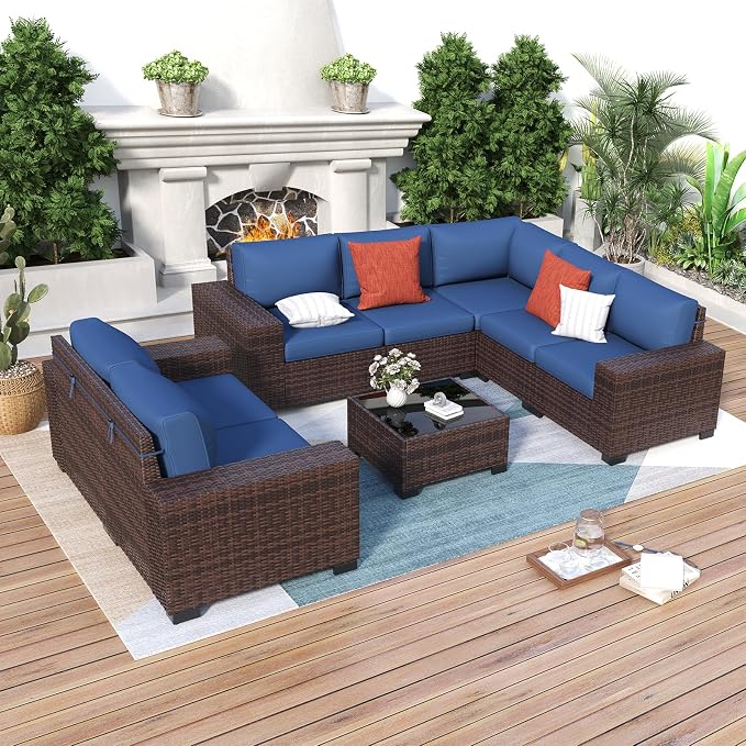 Outdoor Patio Furniture Set, 8‘’ Wide armrest Outdoor Sectional Rattan Sofa Set, Wicker Patio Furniture Sets w/Coffee Table,Thick Cushions for and Cover for Porch, Poolside,8 PCS(Brown&Blue)