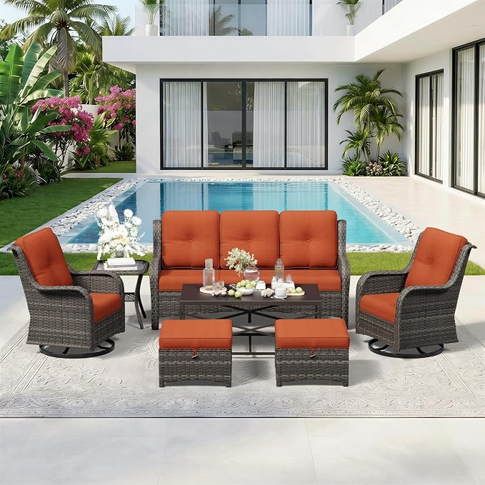7 Piece Outdoor Wicker Patio Furniture Set, Outdoor Swivel Rocker Patio Chairs Set with Thickened Olefin Cushions, High Back and Deep Seating, Hand-Woven PE Rattan for Porch, Deck