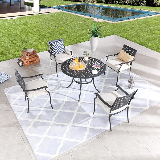 LOKATSE HOME 5-Piece Outdoor Patio Metal Dining Set with Iron Armrest Cushioned Chairs and Steel Round Table with Umbrella Hole, Beige