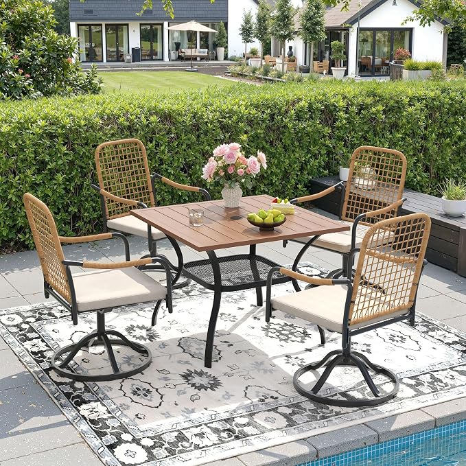DIFY 5 Pieces Outdoor Dining Set, Metal Patio Table and Chairs Set for 4, 37.8" Square Dining Table with Umbrella Hole & Wicker Swivel Patio Chairs with Cushions, Walnut Tabletop