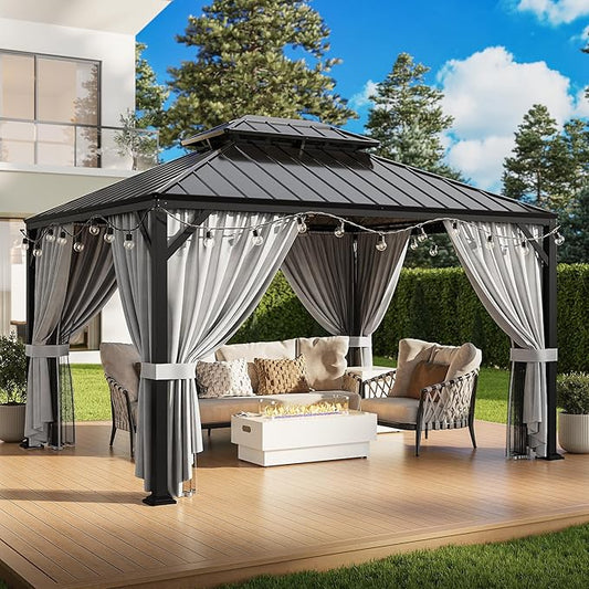 IRONCK 10'x12' Outdoor Hardtop Gazebo, Aluminum Patio Gazebo with Galvanized Steel Double Roof, Patio Pergola with Net and Curtain, Backyard Canopy for Garden, Deck, Black Gray