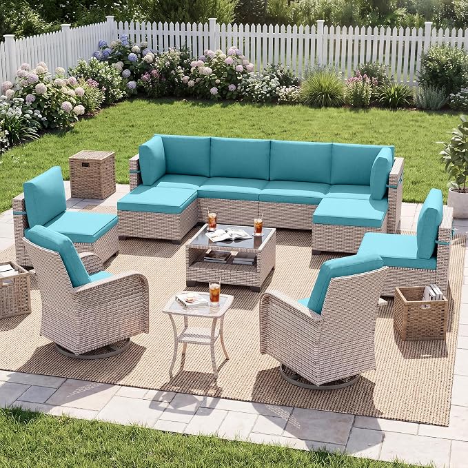Patio Furniture Set, 12-Piece Outdoor Sectional Sofa with Swivel Rocker Chairs & Ottomans, Wicker Patio Conversation Set with Coffee Table, Cyan Cushions