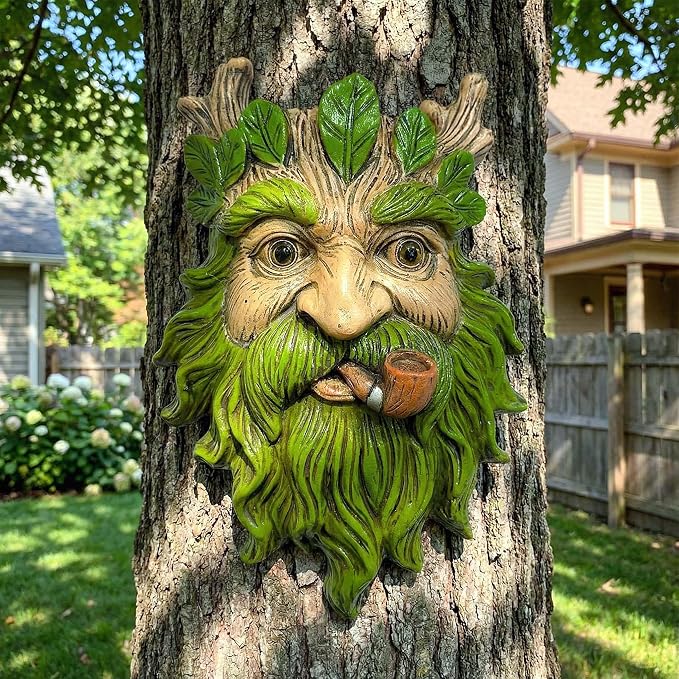 9.9" Whimsical Tree Face Sculpture, Garden Peeker Statue, Outdoor Trunk Tree Huggers Art, Landscape Accent Ornament, Hanging Fairy Elve Figurine for Yard Art, Trees Decor Wall Mounted Statues
