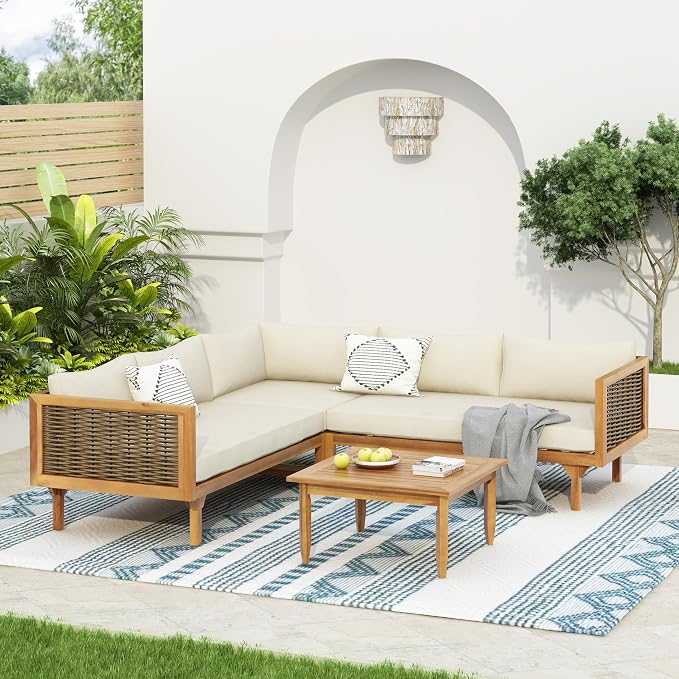 LUMISOL 4-Piece Outdoor Acacia Wood Sofa Set with Water Resistant Cushions, All Weather Patio Conversation Set with Coffee Table for Garden, Backyard, Poolside, Teak+Beige