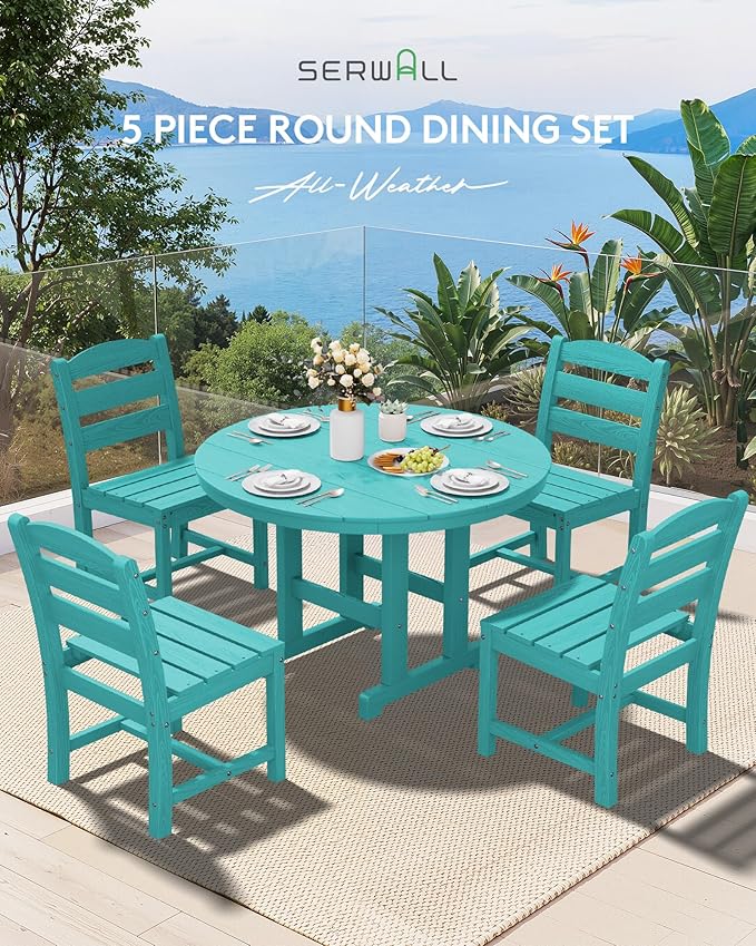SERWALL 6-Piece Patio Dining Sets, HDPE Outdoor Table and Chairs Furniture Set with Umbrella, 45" Round Dining Table & 4 Armless Dining Chairs & 1 9FT Umbrella, Aruba(Not Include Umbrella Base)
