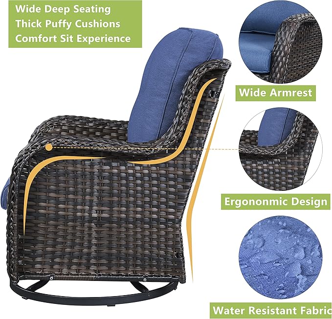 Outdoor Wicker Patio Furniture Set - 5 Piece Rattan Patio Conversation Set with 2 Rocking Swivel Chairs,2 Ottomans and 1 Loveseat for Porch Deck Backyard Garden(Brown/Blue)