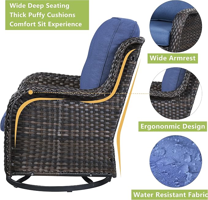 Rilyson Wicker Patio Furniture Set - 7 Piece Rattan Outdoor Sectional Conversation Sets with 4 Swivel Rocking Chairs,2 Ottomans and 1 Sofa for Porch Deck Garden(Brown/Blue)