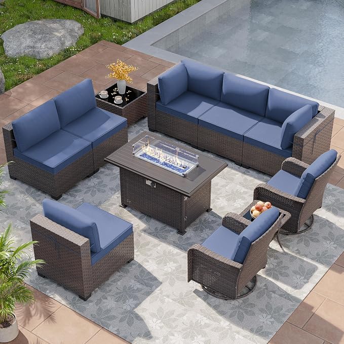 Patio Furniture Set with Fire Pit Table 11 Pieces Wide PE Rattan Patio Conversation Set,Swivel Chair Sofa Set Outdoor Sectional Furniture w/43in 55000 BTU Propane Fire Pit Table,NavyBlue