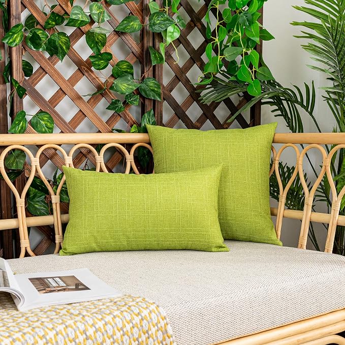 Kevin Textile Outdoor Waterproof 26”x26” Pillow Covers 2 Pack, Green | Water Resistant, Soft Faux Linen-cotton Yarn-dyed Woven Texture Throw Pillow Covers for Tent Patio Garden Couch Sofa