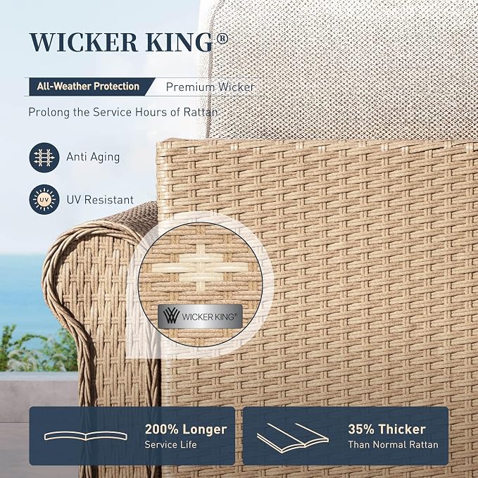 Patio Furniture Set 6 pcs, Wicker Rattan Sofa with 5.5” Thick Waterproof Cushions, 2 Chairs, 2 Ottomans and Coffee Table, All Weather Outdoor Conversation Set for Backyard Deck, 7 Seats Beige