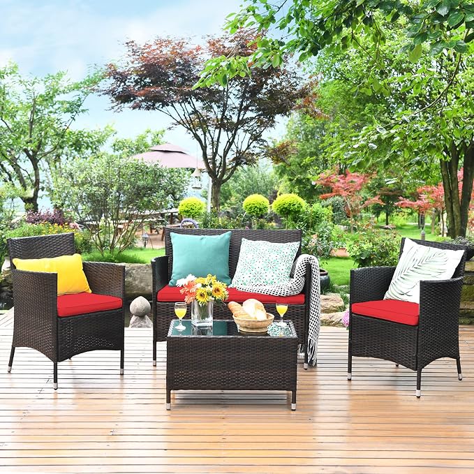 COSTWAY 4PCS Rattan Patio Furniture Set | Outdoor Wicker Rattan Chairs with Coffee Table, Rattan Cushioned Conversation Set for Backyard Balcony Porch Poolside, Red