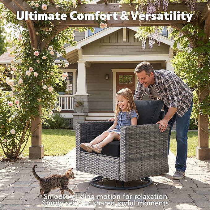 CAODOC 7-Piece Outdoor Wicker Patio Set with 7 Seats, Including 53" Fire Pit - Swivel Rocker Chairs and Conversation Set for Backyard or Lawn, Gray Rattan with Waterproof Black Cushions