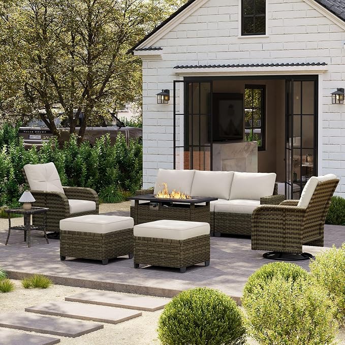 LET'S PATIO Luxury Patio Furniture Set with Fire Pit Table，9 Piece Outdoor Furniture Sectional Set with Swivel Rocker Chairs of 2，All-Weather Patio Sectional Sofas with Thickened Cushions, Beige