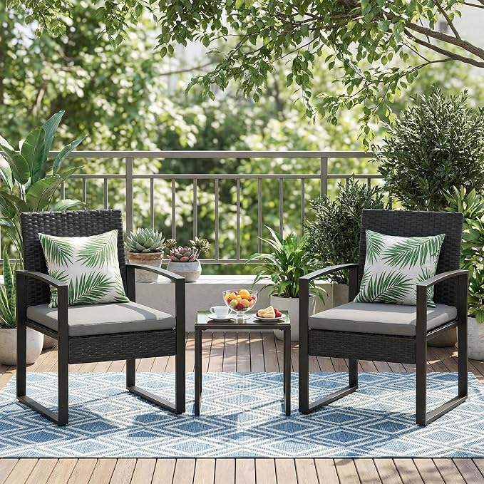 IDEALHOUSE 3 Piece Outside Patio Furniture Set, Outdoor Wicker Chair Conversation Set with Glass Coffee Table, PE Rattan Patio Furniture for Backyard, Porch, Patio, Poolside (No Rocking)